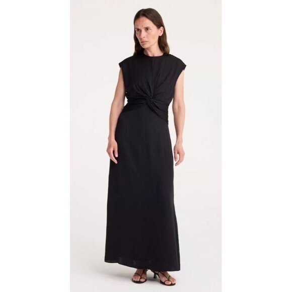 ROHE Draped Column black Maxi Dress 38 US 6 Women’s Long Midi Short Sleeve Flaw - Picture 1 of 10